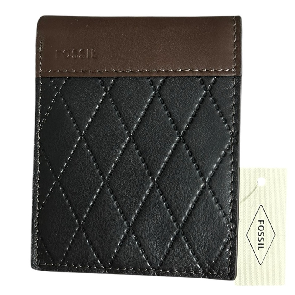 Fossil Men's Journee Traveler Quilted Black Brown Leather Wallet - New With Tags